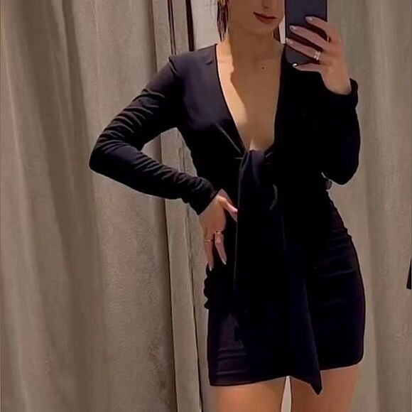 Zara Black Dress Tied Ruched Long Sleeve Size L • NEW WITH TAGS • - Picture 1 of 11